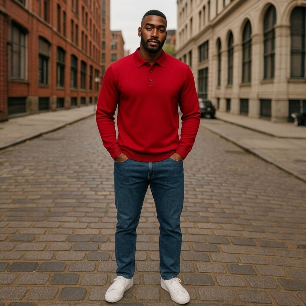 Turnbury Mens L Sweater Dark Red Merino Wool Polo Pullover Collared Knit Casual